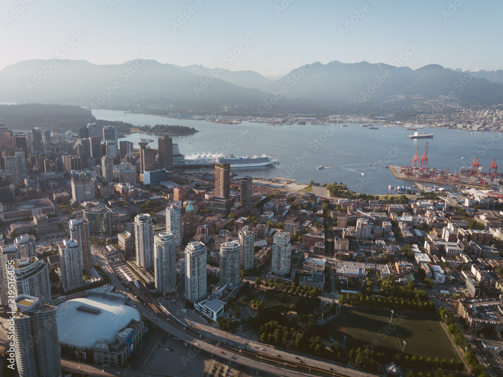 Aerial Drone Shot of Vancouver Harbour at Sunset Beautiful Cityscape