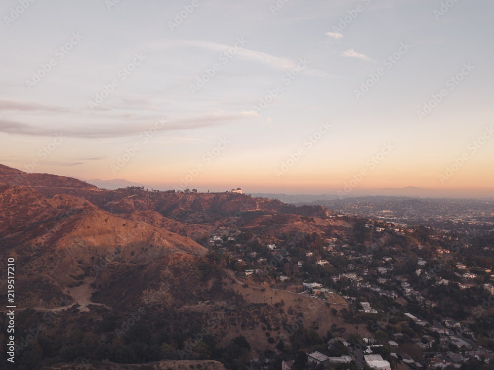 Aerial Drone Shot of Los Angeles Hollywood Sign Hills Sunset