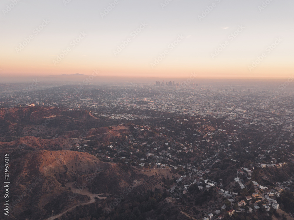 Aerial Drone Shot of Los Angeles Hollywood Sign Hills Sunset