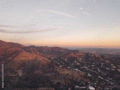 Aerial Drone Shot of Los Angeles Hollywood Sign Hills Sunset