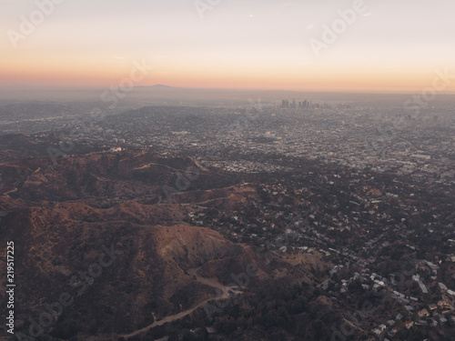 Aerial Drone Shot of Los Angeles Hollywood Sign Hills Sunset © colin