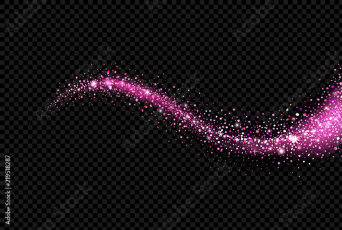 Shining glittering comet with star dust, glowing purple wave on black background