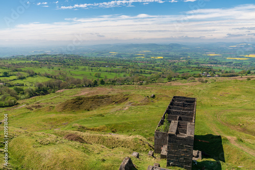 View over the Shropshire landscape from Titterstone Clee near Cleeton, Shropshire, England, UK - with ruins of old Quarry buildings photo