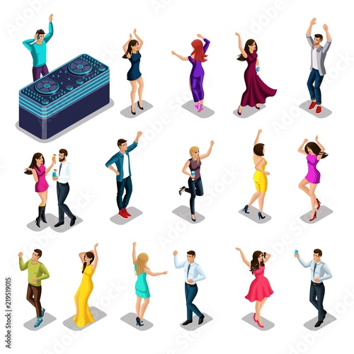 Isometrics people dance, happiness is fun, a set of men and women for a party, a DJ with a remote control. Excellent set for high-quality illustration