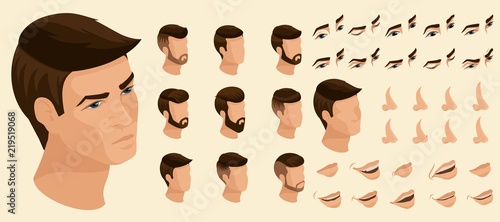 Isometrics create your emotions for a man. Sets of 3D hairstyles, faces, eyes, lips, nose, facial expression. Qualitative vector isometry