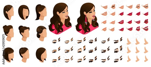 Isometrics create your emotions of a beautiful woman. Sets of 3D hairstyles, faces, eyes, lips, nose, facial expression. Qualitative isometry