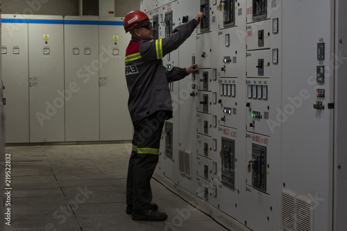 large electrical room. Control room of a extra large cargo ship