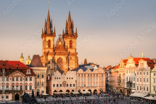 PRAGUE, CZECH REPUBLIC - 19 August, 2017: Sunset view of Prague old town square filled with people photo
