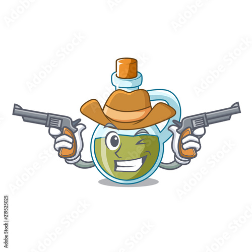 Cowboy character olive oil in bottle wooden