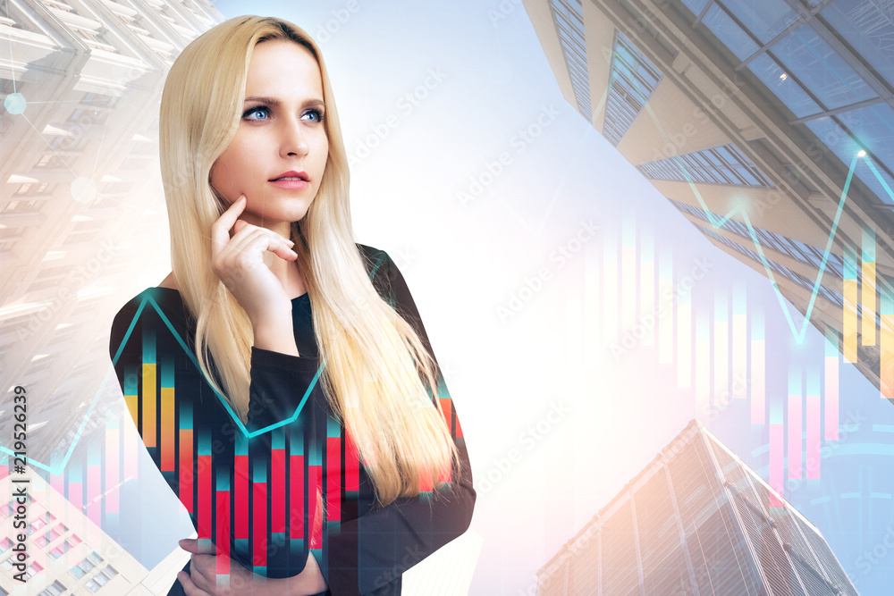 Fototapeta premium Pensive businesswoman, city and graphs