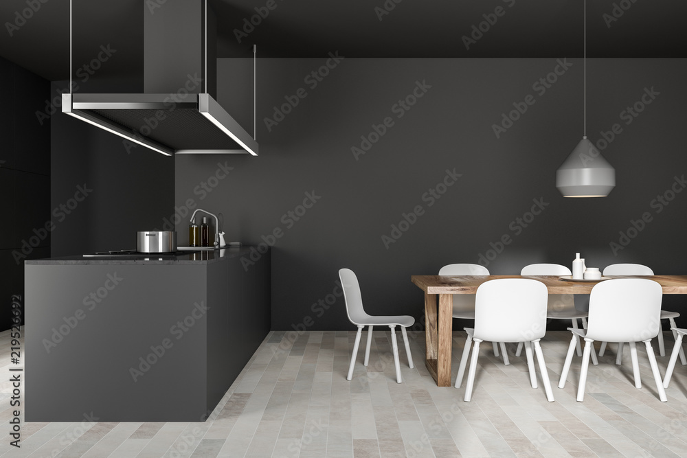 Fototapeta premium Wooden floor kitchen corner, gray island side view