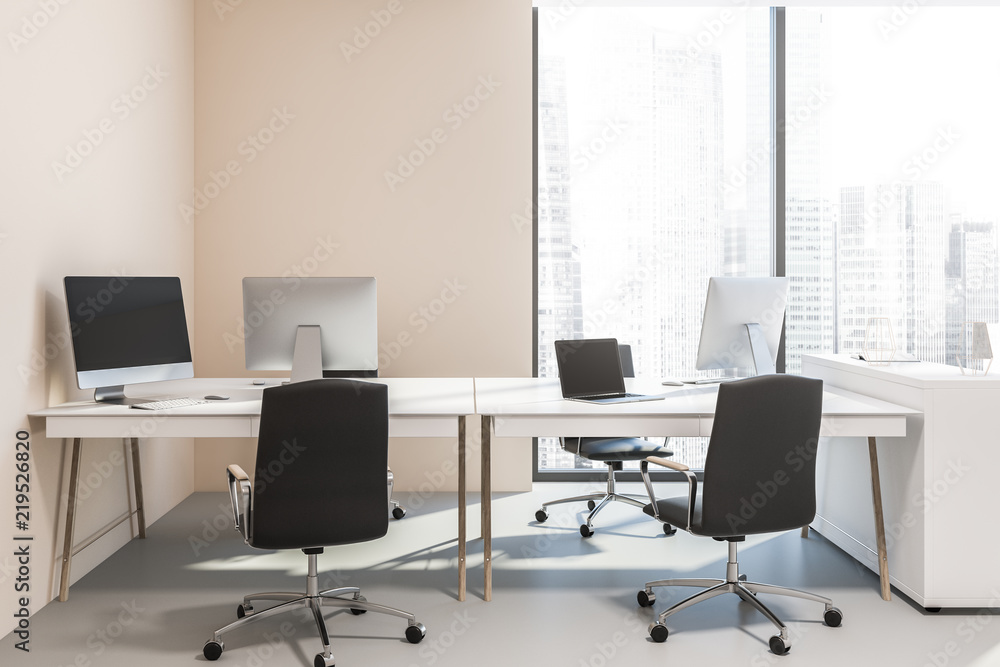 Peach wall office interior, computer desks, loft Peach wall office interior, computer desks, loft