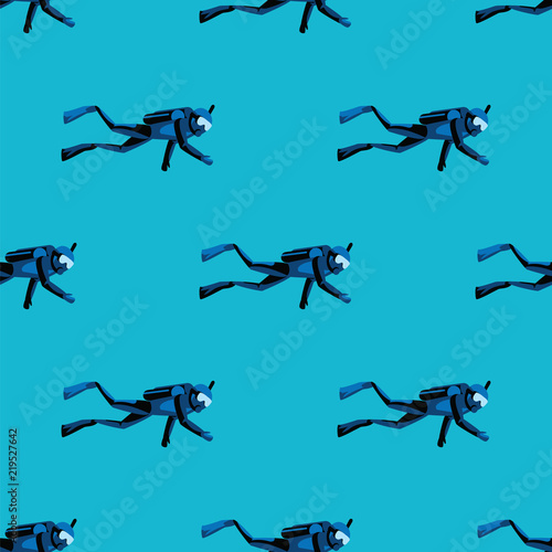 Pattern scuba diver diving under water on blue sea background. Diving in ocean and sea, underwater swimming and water sport.