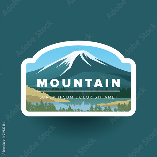 Mountain with snowy peak and river vector landscape in round. Vector illustration mountain valley, lake and green forest. Ideas for company style or logo.