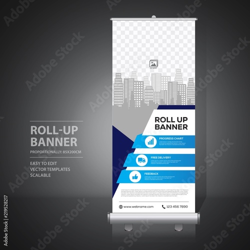 Roll up banner design template, vertical, abstract background, pull up design, modern x-banner, rectangle size. 