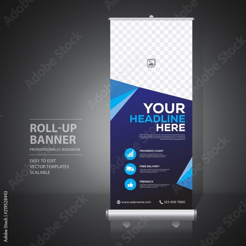 Roll up banner design template, vertical, abstract background, pull up design, modern x-banner, rectangle size. 
