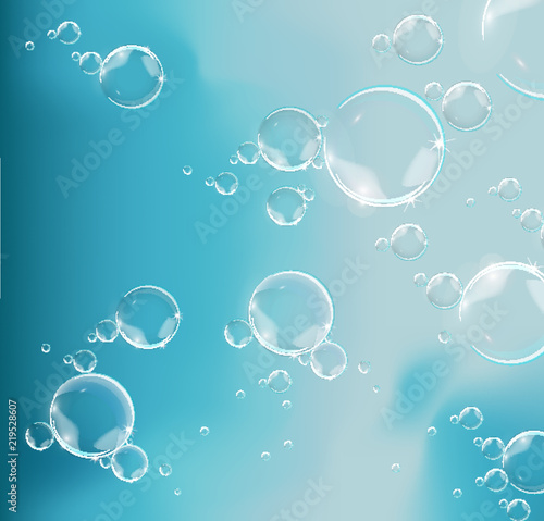 Bubbles in water on blue background horizontal vector. Circle and liquid, light design, clear soapy shiny.