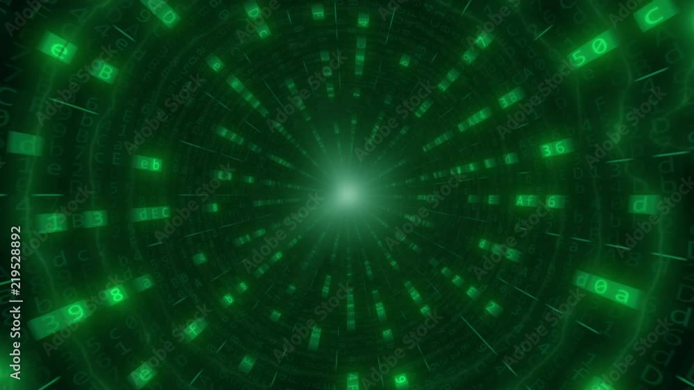 POV motion through the green tunnel or cable made of hexadecimal computer code. Loopable motion background POV motion through the green tunnel or cable made of hexadecimal computer code. Loopable motion background