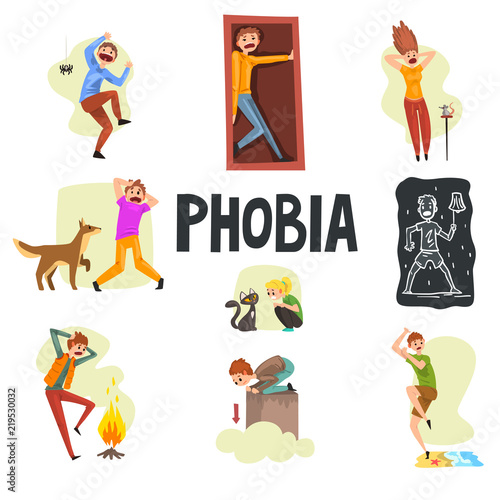 People suffering from various phobias set, arachnophobia, claustrophobia, musophobia, cynophobia, nyctophobia, pyrophobia, ailurophobia, acrophobia, hydrophobia vector Illustrations © topvectors