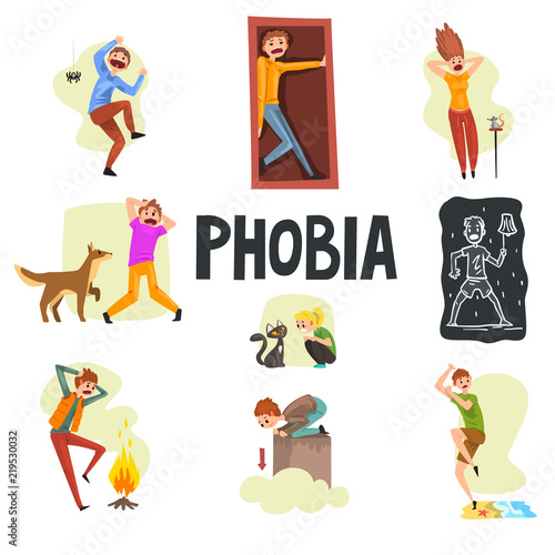 People suffering from various phobias set, arachnophobia, claustrophobia, musophobia, cynophobia, nyctophobia, pyrophobia, ailurophobia, acrophobia, hydrophobia vector Illustrations