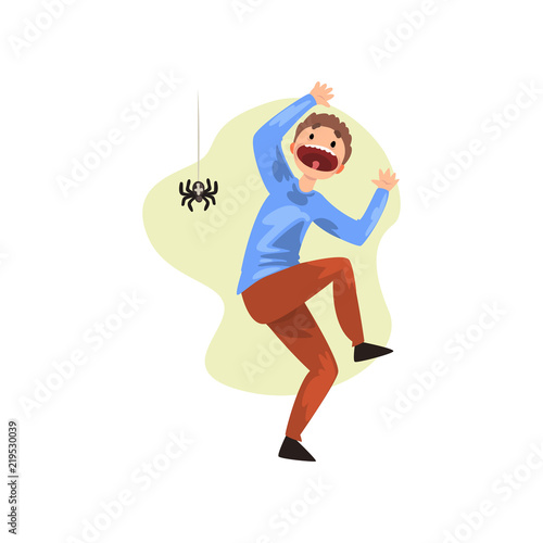 Man frightened by spider, guy suffering from arachnophobia, human fear concept vector Illustration on a white background