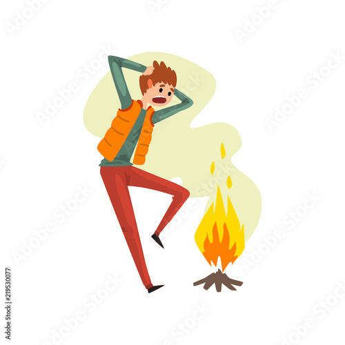 Man suffering from pyrophobia, irrational fear of fire, human fear concept vector Illustration on a white background