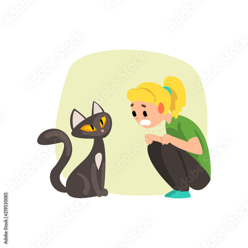 Girl frightened by cat, girl suffering from ailurophobia, human fear concept vector Illustration on a white background