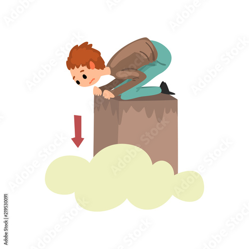 Man suffering from acrophobia, guy feeling fear of heights, human fear concept vector Illustration on a white background