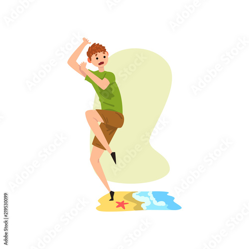Man suffering from hydrophobia, irrational fear of water, human fear concept vector Illustration on a white background