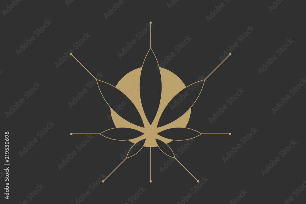 Fototapeta premium Cannabis marijuana hemp green leaf flat symbol or logo design. Cannabis green silhouette ecology logo. Hemp emblem for the logo design packaging of goods, food, for the creation of printed products.