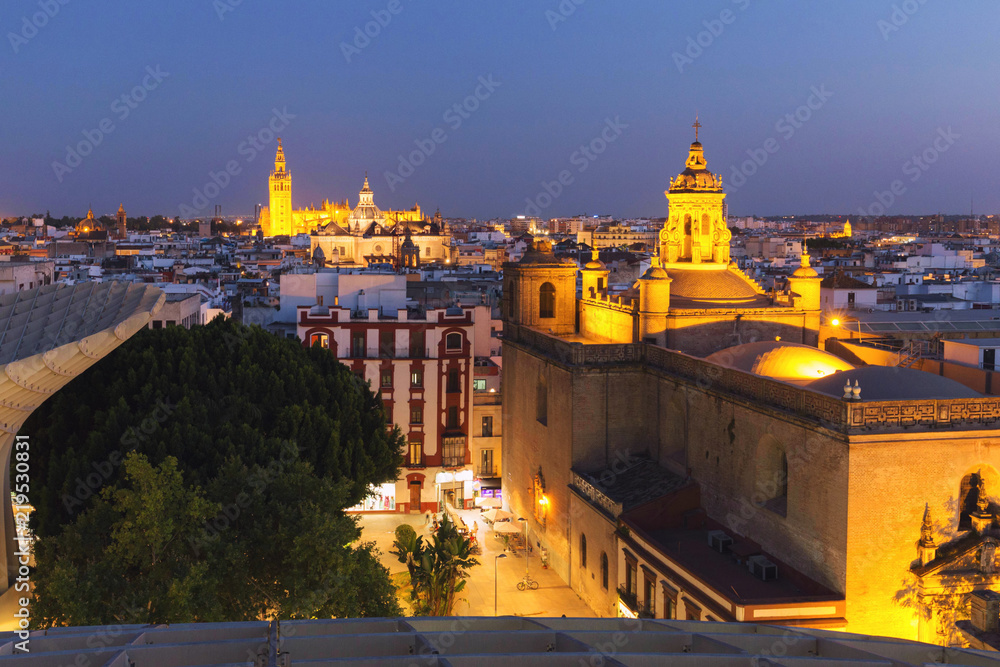 Seville at night, Spain / Panoramic top view of the historical part of the city