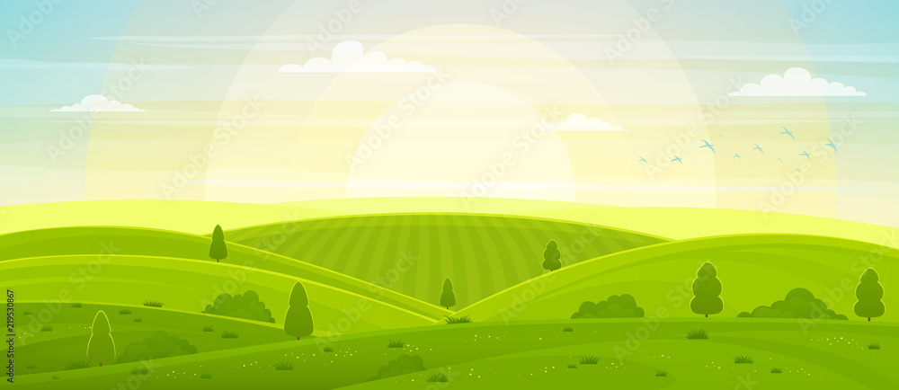 Fototapeta premium Sunny rural landscape with hills and fields at dawn. Summer green hills, meadows and fields, blue sky with white clouds.