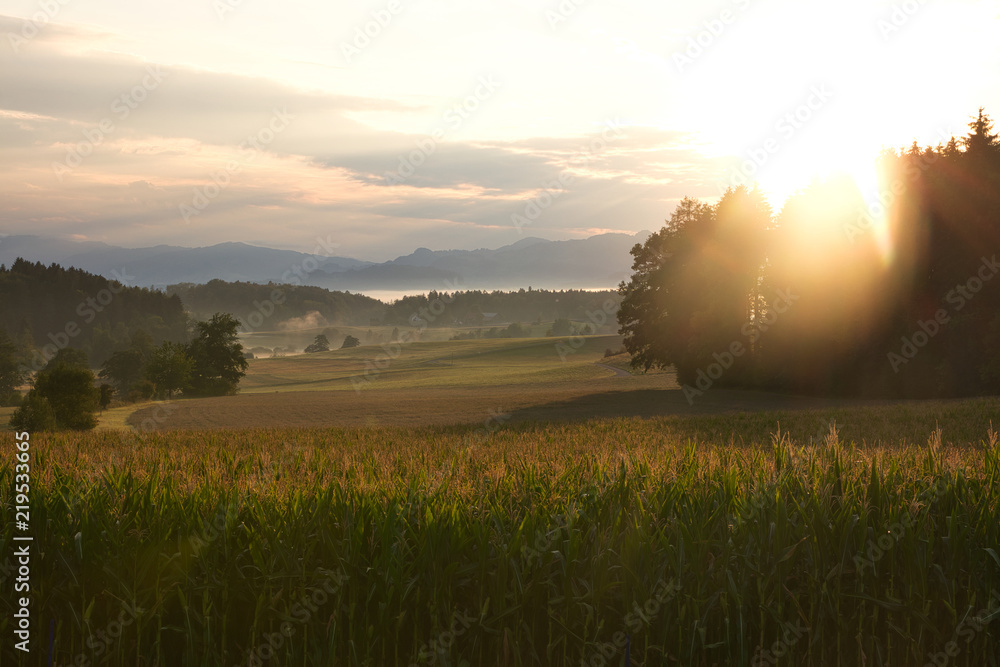 Sonnenaufgang und Felder