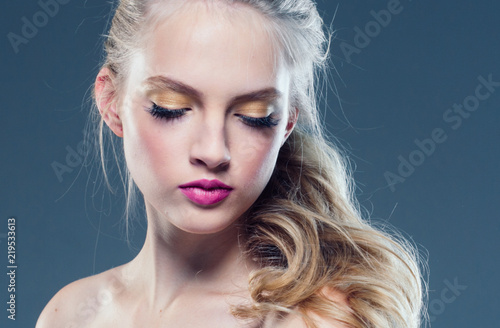 Beauty blonde hair woman pink lips blue eyes beautiful model