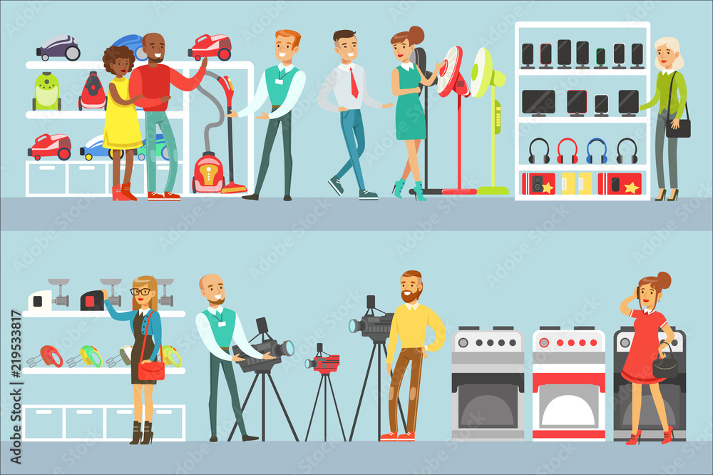 Happy People In Electronic Store Shopping For Domestic Equipment Choosing With Shop Assistant Help Set Of Cartoon Characters Happy People In Electronic Store Shopping For Domestic Equipment Choosing With Shop Assistant Help Set Of Cartoon Characters