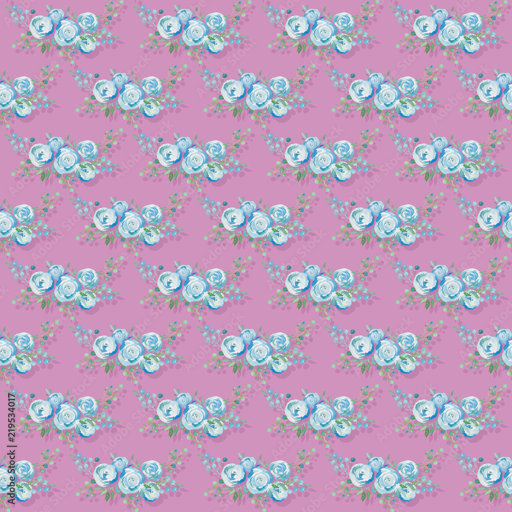 delicate blue roses seamless pattern, bouquet of flowers on a pink background, watercolor illustration. Textile design for printing on fabric, wallpaper,  Country style, Gzhel