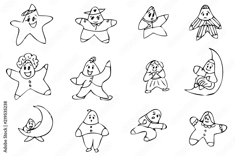 simple outline sketch star with various funny face