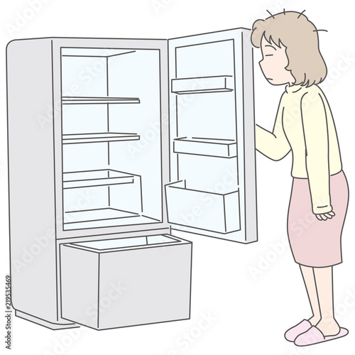 空っぽの冷蔵庫に驚く女性
