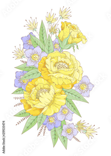 Vector floral design element. Ornamental folk art. Beautiful flowers. Can be used in interior design, printing on fabric and embroidery.