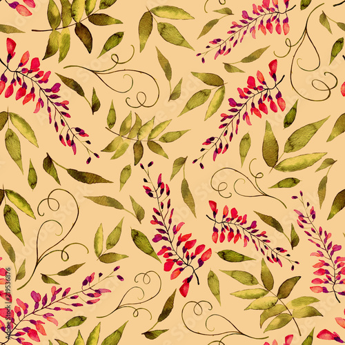 Watercolor seamless pattern of summer flowers and leaves on a light background.