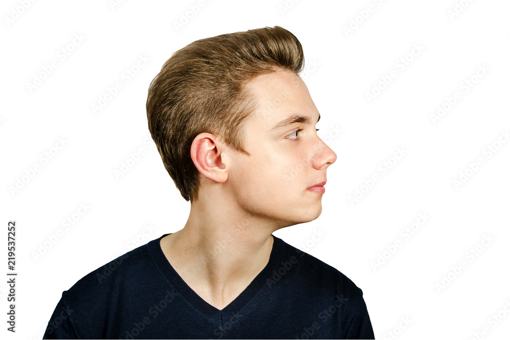 American young man with a fashionable hairstyle in a light, light, stylish  jacket in retro style