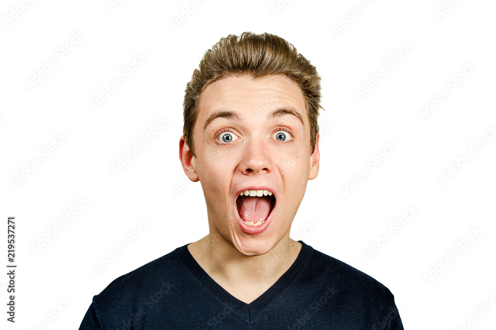 Portrait of young surpriced guy with pompadour hairstyle, isolated on white background. Portrait of young surpriced guy with pompadour hairstyle, isolated on white background.