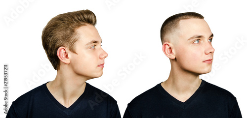 Portrait of young guy before-arter haircut, isolated on a white background. Side view.