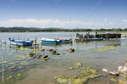 07/15/2018 Thau France. Boats and fish nets on Thau pond in France