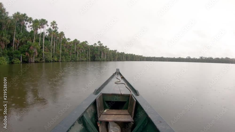 Canoeing at Amazon rain forest jungle lake Lago Sandoval Puerto Maldonado Peru. Rainy day in boat calm water and shore line. Canoeing at Amazon rain forest jungle lake Lago Sandoval Puerto Maldonado Peru. Rainy day in boat calm water and shore line.