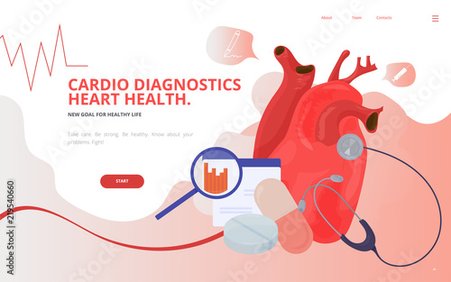Cardio or cardiovascular heart diagnostics concept vector illustration. Heart or Cardiology diagnostics site landing page wireframe. Cardio or Cardiology conference report presentation template.
