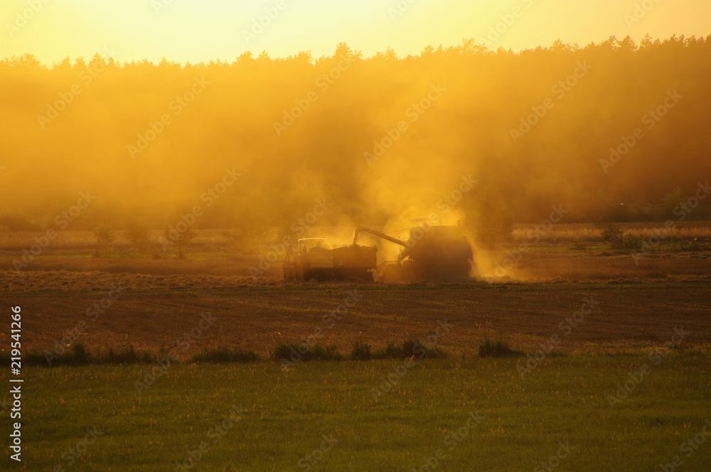 Harvester against hot orange sunset background