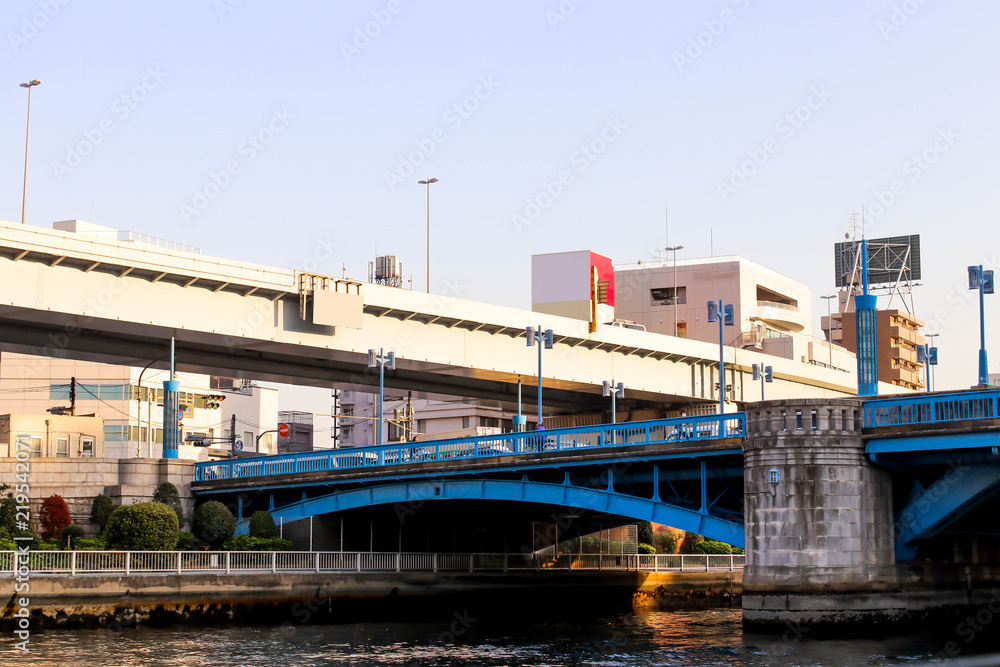 View of sumida river viewpoint and blue bridge for travel in tokyo
