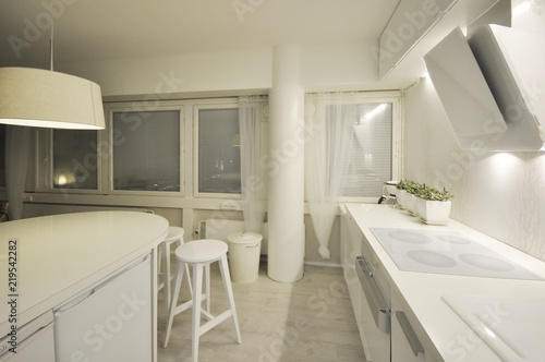 An empty, clean and modern home kitchen with white cabinets, green plants on a table and a cooker hood and a tap on a background. © Maija