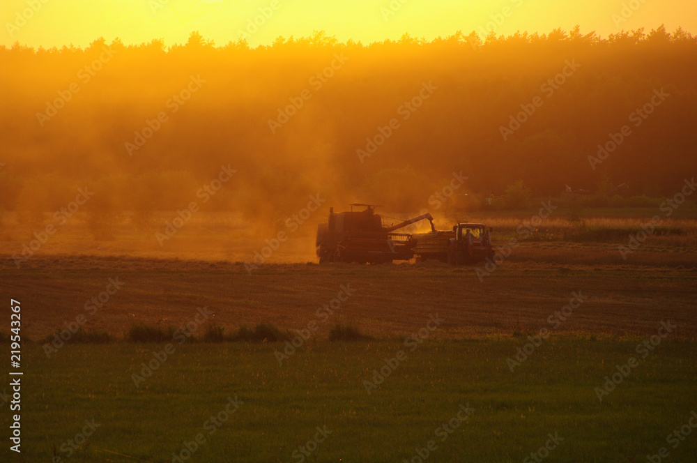 Harvester against hot orange sunset background